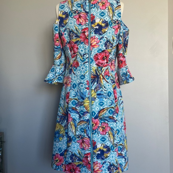 NICOLE MILLER Floral-Print Leaf‎ Turquoise Cold-Shoulder Sheath Cocktail Dress - Picture 10 of 15
